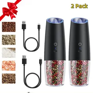 2 Pack Electric Salt & Pepper Grinders - USB Rechargeable Automatic Mill with Adjustable Coarseness & Gravity Operation