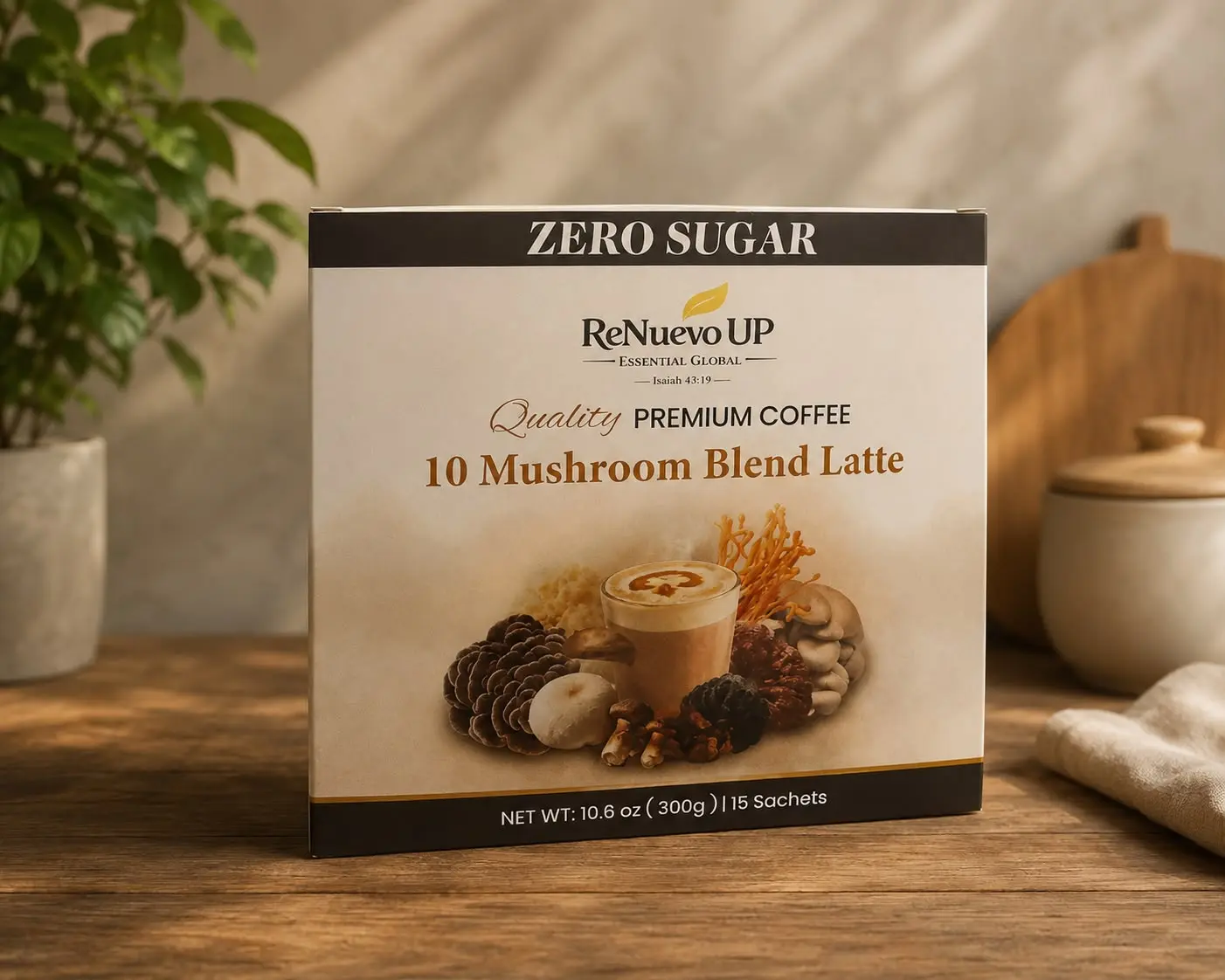 Premium 10-Mushroom Blend 0-Sugar Instant Coffee Latte Beverage