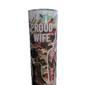 Proud Wife Tumbler with Camo and Floral Design, Text "Proud Wife," Ideal for Everyday Use
