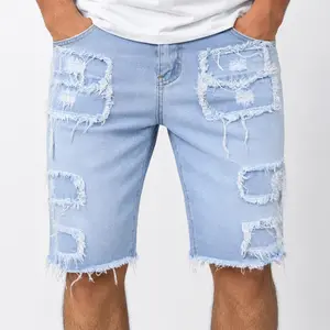 Men’s Ripped Denim Shorts, Knee-Length Stretch Slim Fit Jean Shorts, Distressed Washed Casual Summer Shorts for Men, Streetwear Denim Bermuda Shorts