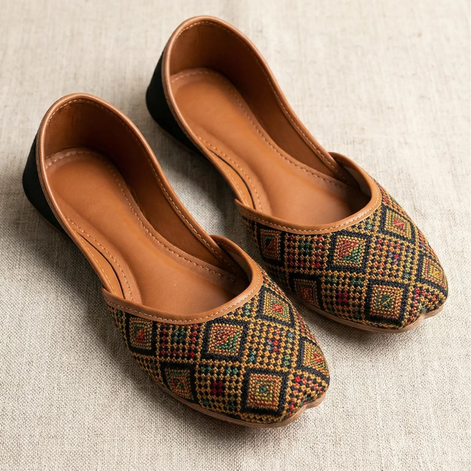 Rangrez Women's Handcrafted Embroidered Thread Khussa - Classic Traditional Art Casual Flats, Size 8, Multicolor Slip-Ins Traditional Geometric Flat Footwear, Slip Ins Shoes, Embroidery, Durable Sole, Shoes Flats, Fabric