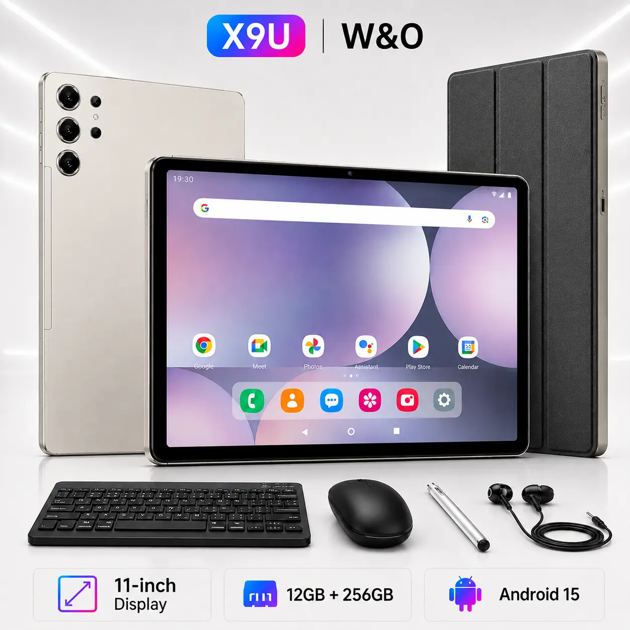 W&O X9U 2026 Android 15 Tablet, 11" FHD Display, 12GB RAM + 256GB Storage, 10000mAh Battery, 5G WiFi, GPS, Keyboard, Mouse & Stylus Bundle, Ideal for School, Work, Streaming & Travel