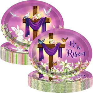 50 PCS Easter He is Risen Paper Plates 11 Inch Disposable Jesus Cross Easter Tableware Easter Party Decorations for Religious Christ Party Spring Lily Floral Supplies﻿