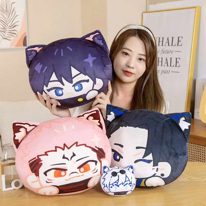 Anime-themed plush body pillows and dolls featuring Satoru Gojo, Yuji Itadori, and Megumi Fushiguro.
