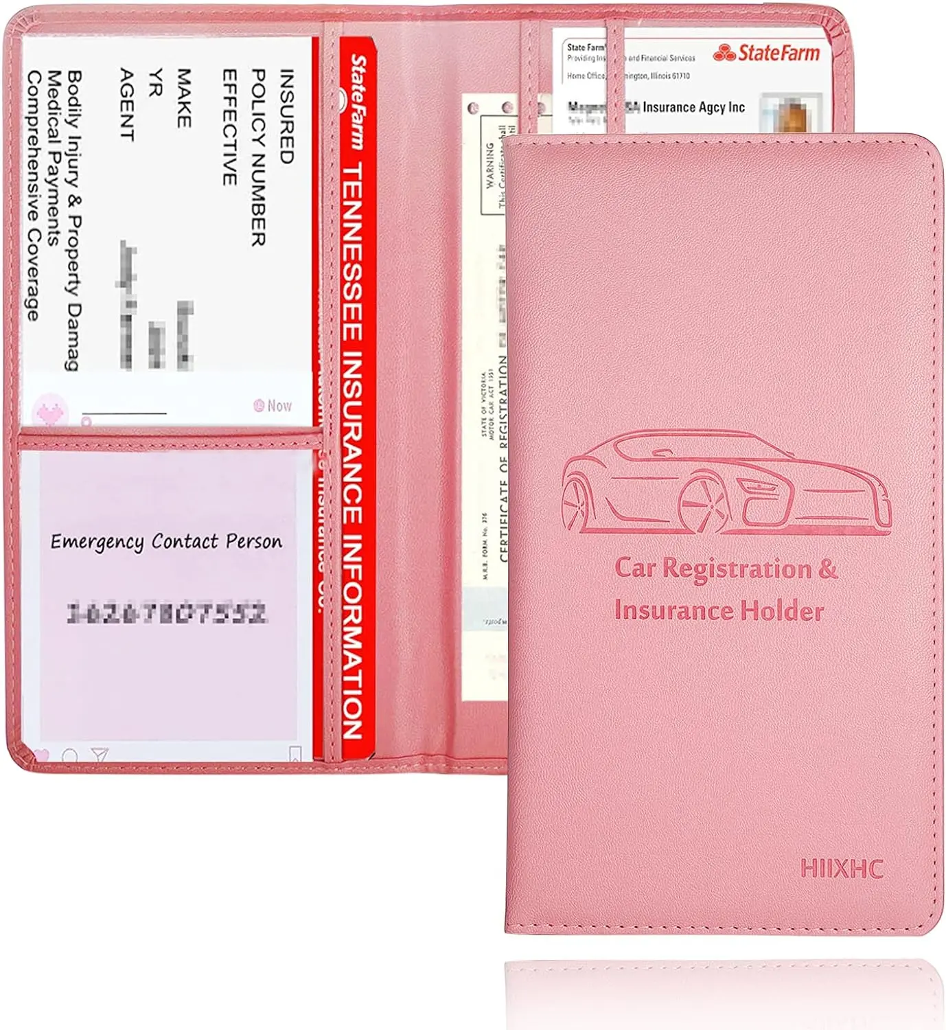 Car Registration and Insurance Card Holder - Leather Vehicle Glove Box Automobile Documents Paperwork Wallet Case Organizer for ID, Driver'S License, Key Contact Information Cards - Men&Women HIIXHC