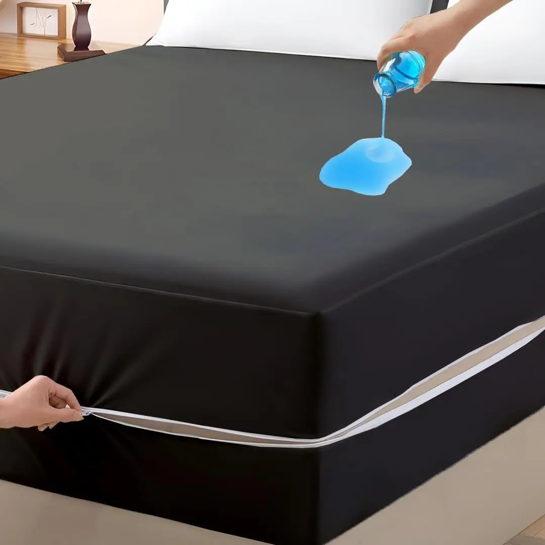 Mattress Protector Queen Size 100% Waterproof Zippered Cover, 15 Inches Deep, Six-Sided Mattress Encasement for Bed, Zipper Closure Style (Dark Grey)