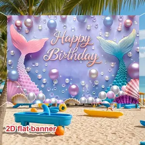Mermaid Theme Birthday Banner, 2D Polyester Backdrop, Happy Birthday Underwater Fairy Tale Party Banner, Girl Child Photo Decoration