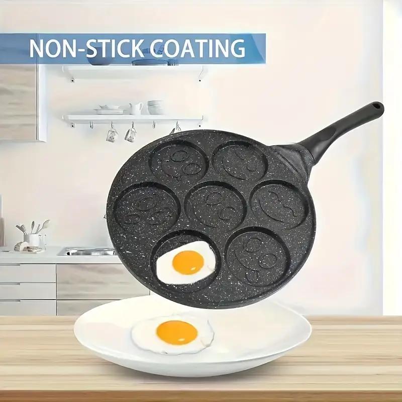 7-hole Non-stick Pancake Pan Egg Frying Pan Mini Detachable Handle Pancake Skillet Non-stick Aluminum Material 7 Unique Smiley Face Designs Easy to Clean Perfect for Kids' Breakfast Smiley Face Egg Pan with Cool-touch Handle