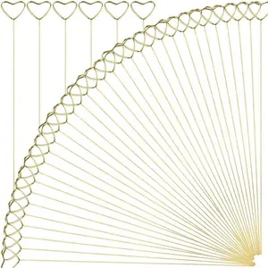 12''L Golden Heart Loop Round Shape Card Holders 40 count Floral Picks Clips for Wedding & Flower Arrangements, DIY Craft Wire Clip Table Card Holders Note Photo Picture Memo Holder Cake Topper