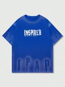 Men's Inspired Gothic Font T-Shirt, Round Neck, Y2K Street Style, Unique Aesthetic Top, Eye-Catching Blue Gradient Print, Comfortable Casual Fit, Streetwear