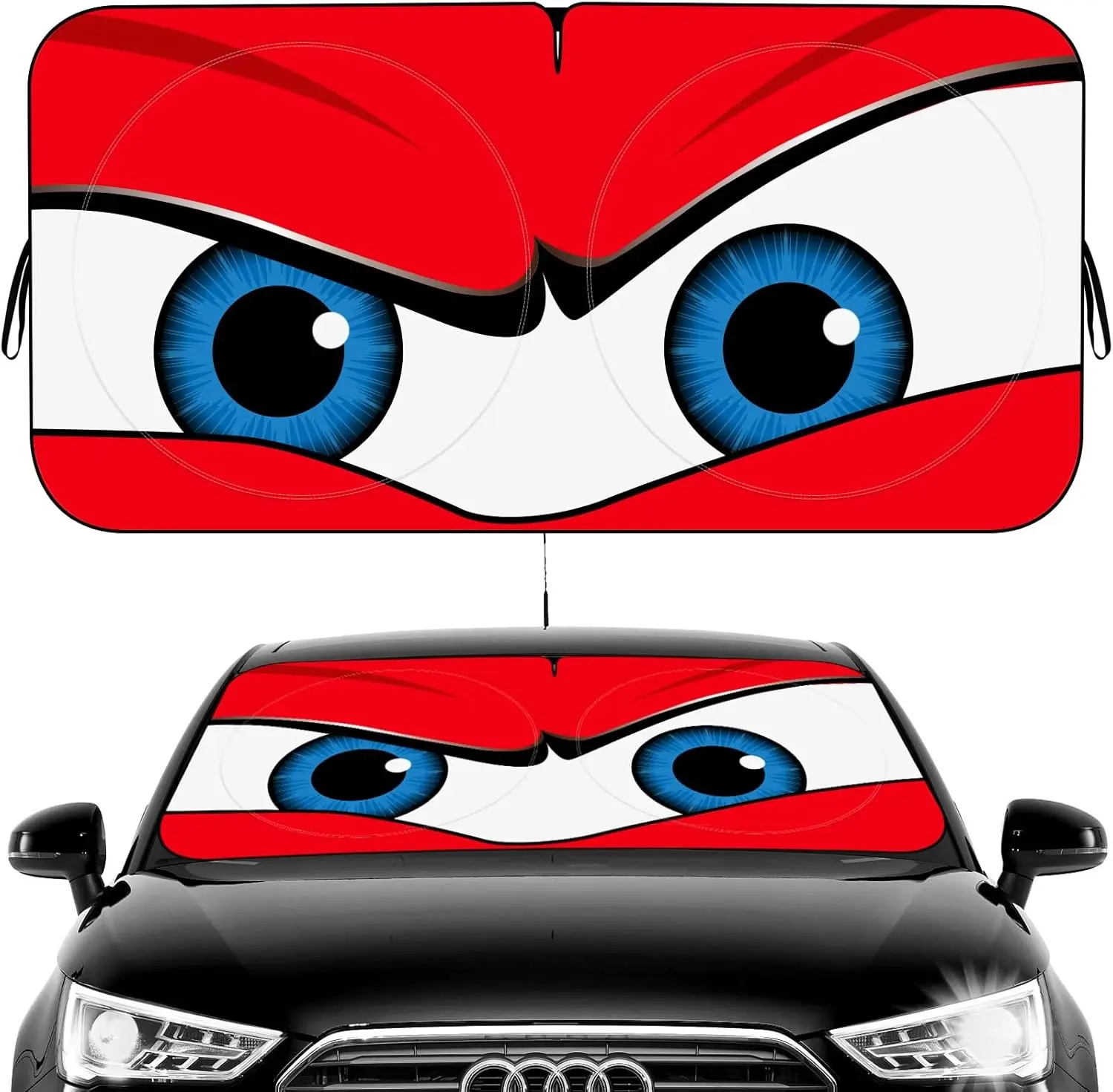 DIBMS Car Windshield Sun Shade - Polyester Funny Eyes Visor, Wear-Resistant Black Reflective Tape, Foldable Portable Sun-Proof UV Block Front Window Cover (59in x27.5in/63in x31.5in)