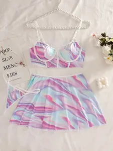 Pastel Swirl 3-Piece Lingerie Set, Tie-Dye Multi-Color Underwire Bra, Mini Skirt & Panties, Y2K Fairy Tale Sleepwear