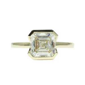 14k Yellow Gold Asscher Lab Diamond with Half Bezel Floating Solitaire Engagement Ring