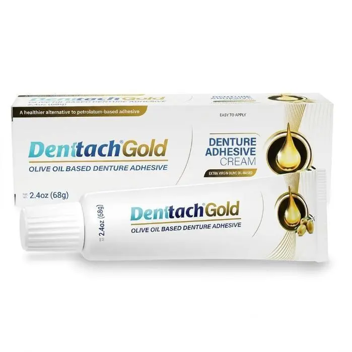 Denttach Gold Denture Adhesive, Petroleum Free Olive Oil Based Premium Denture Adhesive Cream for Full and Partial Dentures, All Day Secure Hold Denture Glue, Zinc Free, 2.4 Ounce