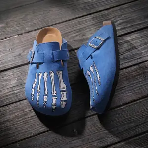 Blue Casual Clogs, Men's Comfort Cork Slides, Gothic Skeleton Embroidery Shoes, Daily Wear & Outdoor Footwear