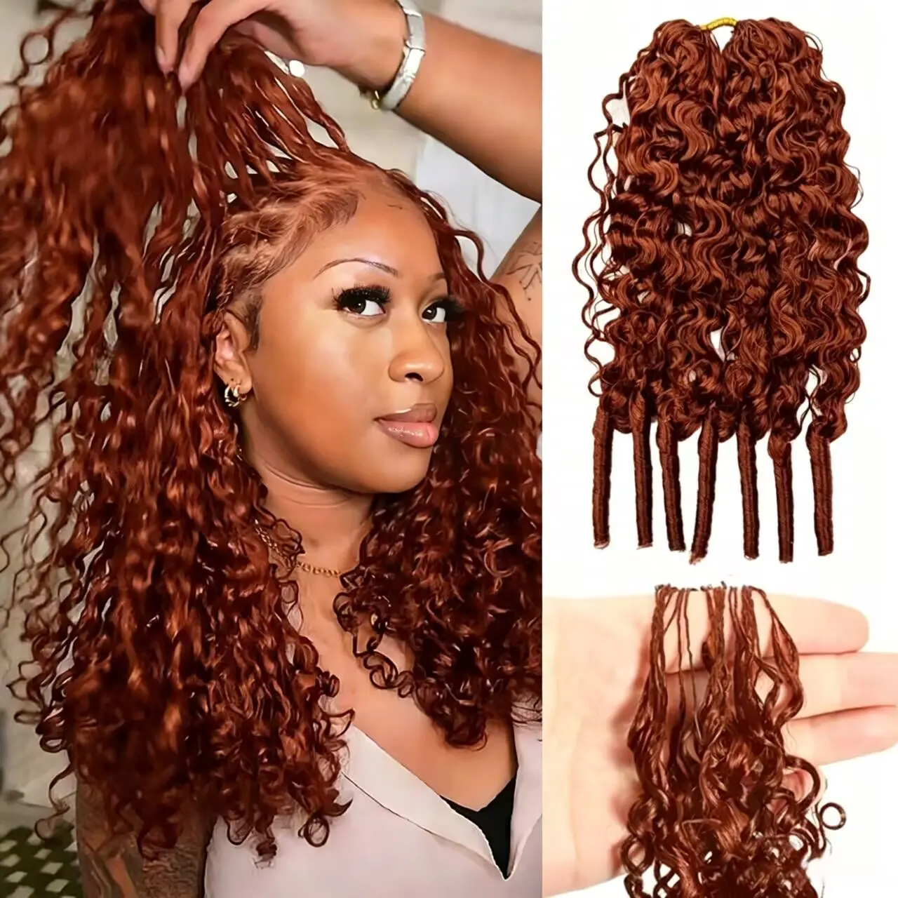 [NEW] Reddish Brown Color Burmese Curly Crochet Hair Human Hair Extensions Miracle Knots Pre-Separated 50g/Pack (32-38 Strands Per Pack）– Knotless Boho Braids, 4-5 Packs for Full Head, Multiple Curly & Wave Textures Protective Hairstyles For Women summerw