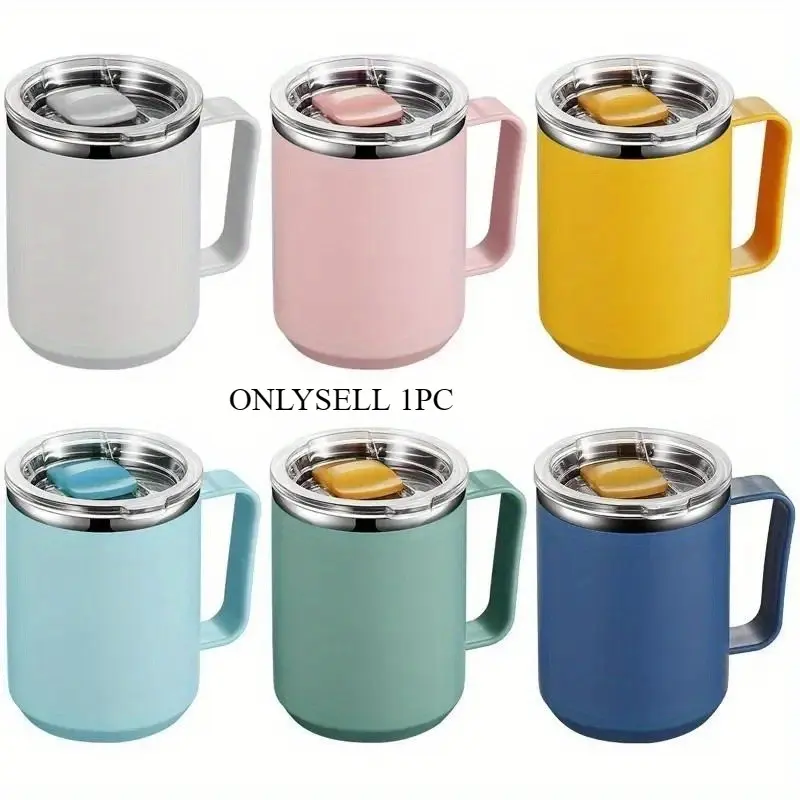1pc Vacuum Mug With Lid Handle, Double Wall Stainless Steel Mug With Handle And Lid, Portable Insulated Cup For Traveling