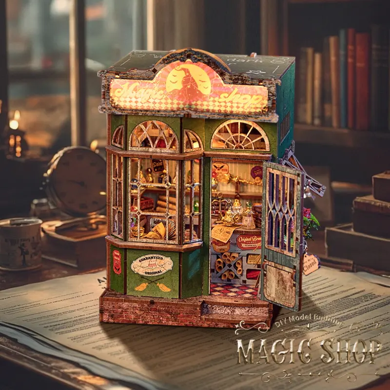 Magic Shop DIY Book Nook Kit | Miniature Bookstore Bookshelf Insert, LED Light