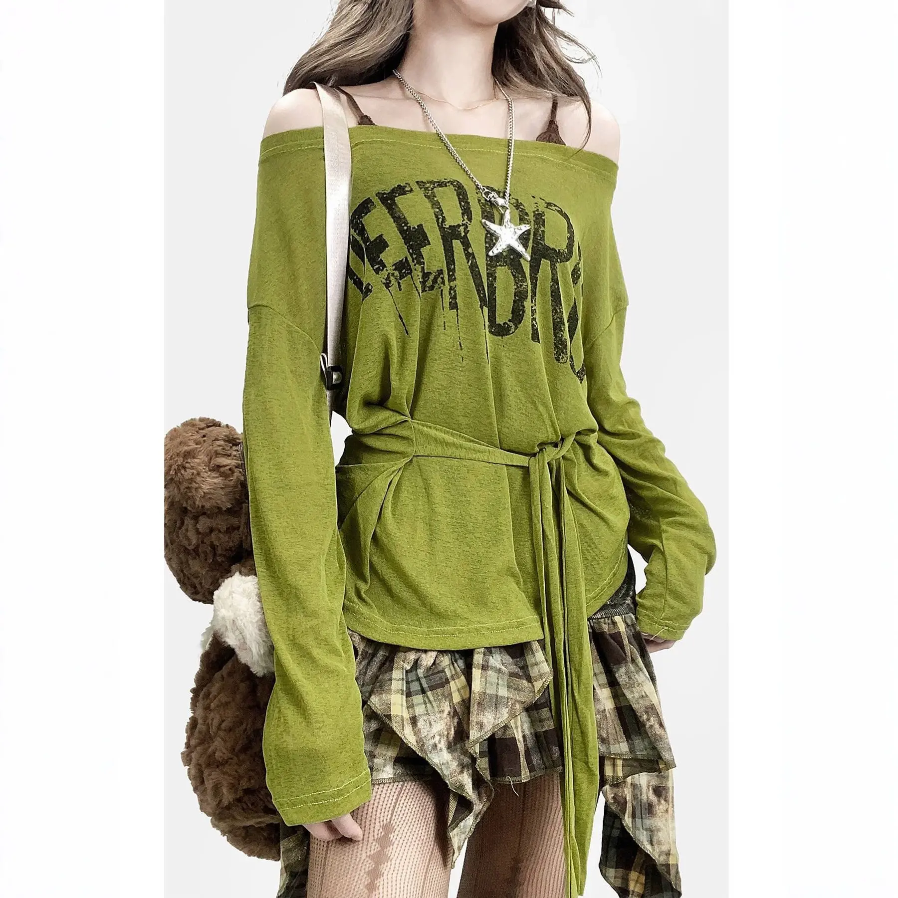 Y2K Off‑The‑Shoulder Blouse Distressed Graphic Long‑Sleeve Adjustable Waist Tie Casual Top