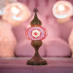 Handmade Turkish Mosaic Lamp – ‘Turkish Sun’ Classic Design in Pink, Bohemian Table or Nightstand Lamp, Colorful Ambient Lighting, Perfect Housewarming Gift