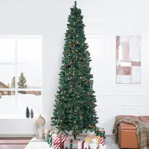 9ft Pre-Lit Pencil Christmas Tree – Elegant Slim Design with Pine Cones, Red Berries, 1,457 Branch Tips, 500 Warm White Lights, and a Sturdy Metal Stand
