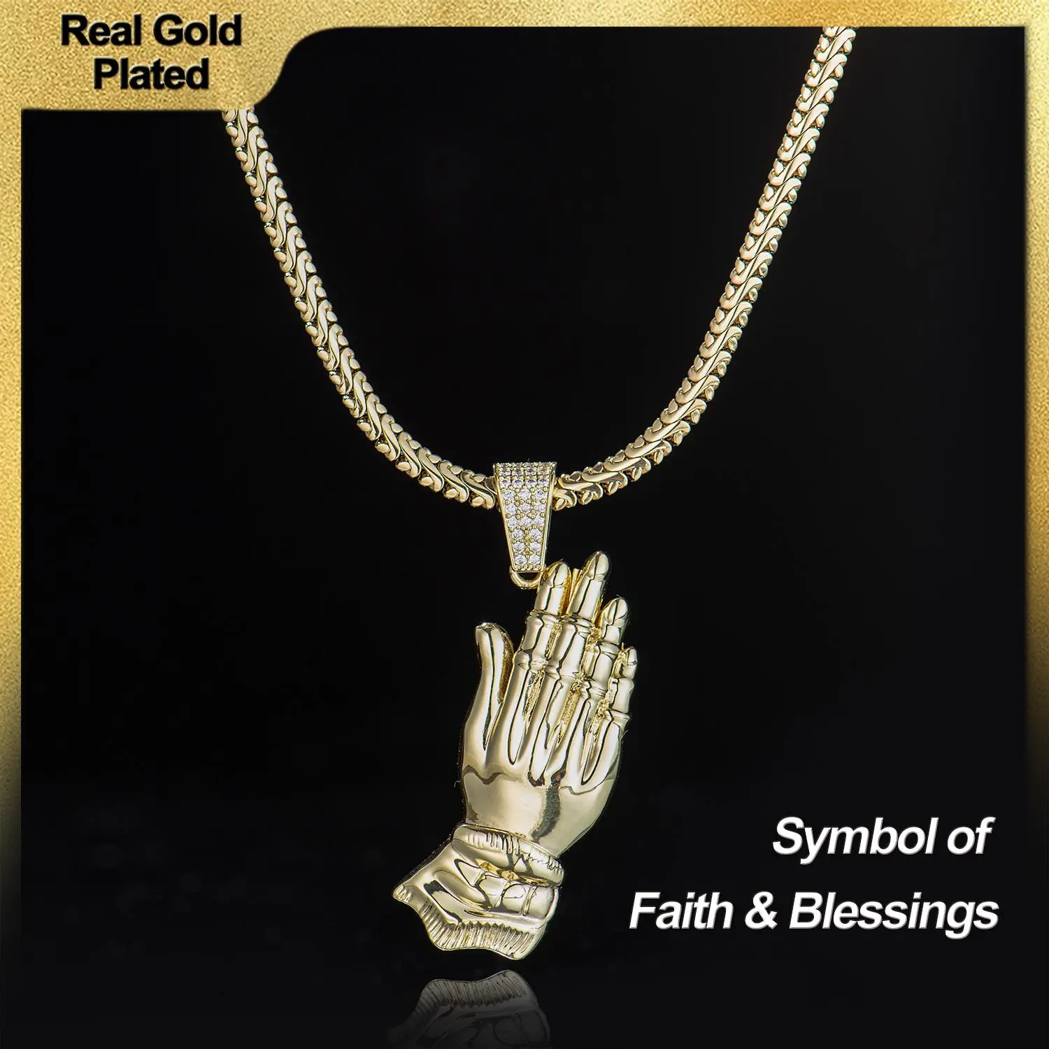 Holylegend 14K Real Gold-Plated Praying Hands Pendant Necklace for Men, 3D Carved Pendant with CZ Iced Bail, Gift-Ready Religious Jewelry,Father's Day Gift
