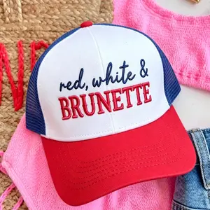 Women's Red, White & Brunette Mesh Snapback Trucker Hat - Patriotic 4th of July Country Girl Cap, USA Flag Summer Party Gift