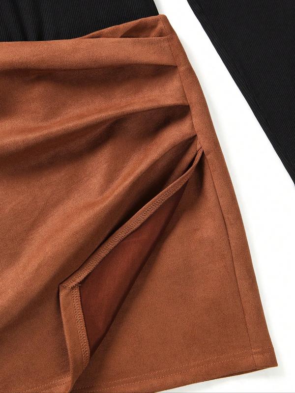 Women's Plus Size Solid Color High Neck Long Sleeve T-Shirt and Pleated Midi Skirt Set, Casual Two-Piece for Fall Spring