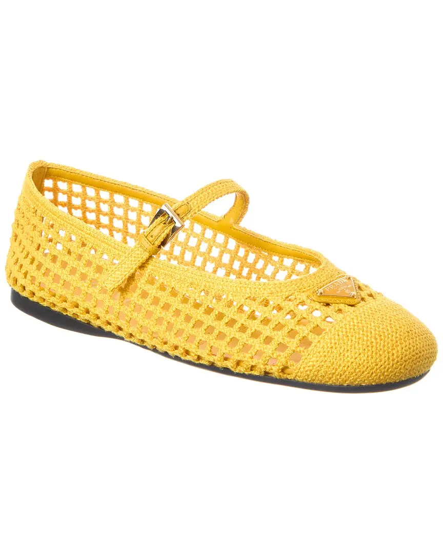 Prada Logo Cotton Crochet Ballerina Flat