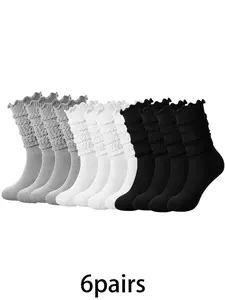6pairs retro solid color ruffled pile socks are versatile, comfortable, breathable, and casual knitted socks suitable for women's sports, attendance, and home wear Casual Comfy Socks