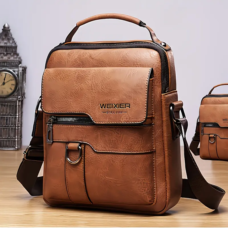 WEIXIER Men's PU Leather Multifunction Messenger Shoulder Crossbody Bag - Retro Street Vibe, Large Capacity, Adjustable Strap, for Business Travel, Men's Accessories, Work Accessories, Mens Gifts, Birthday Gifts for Him