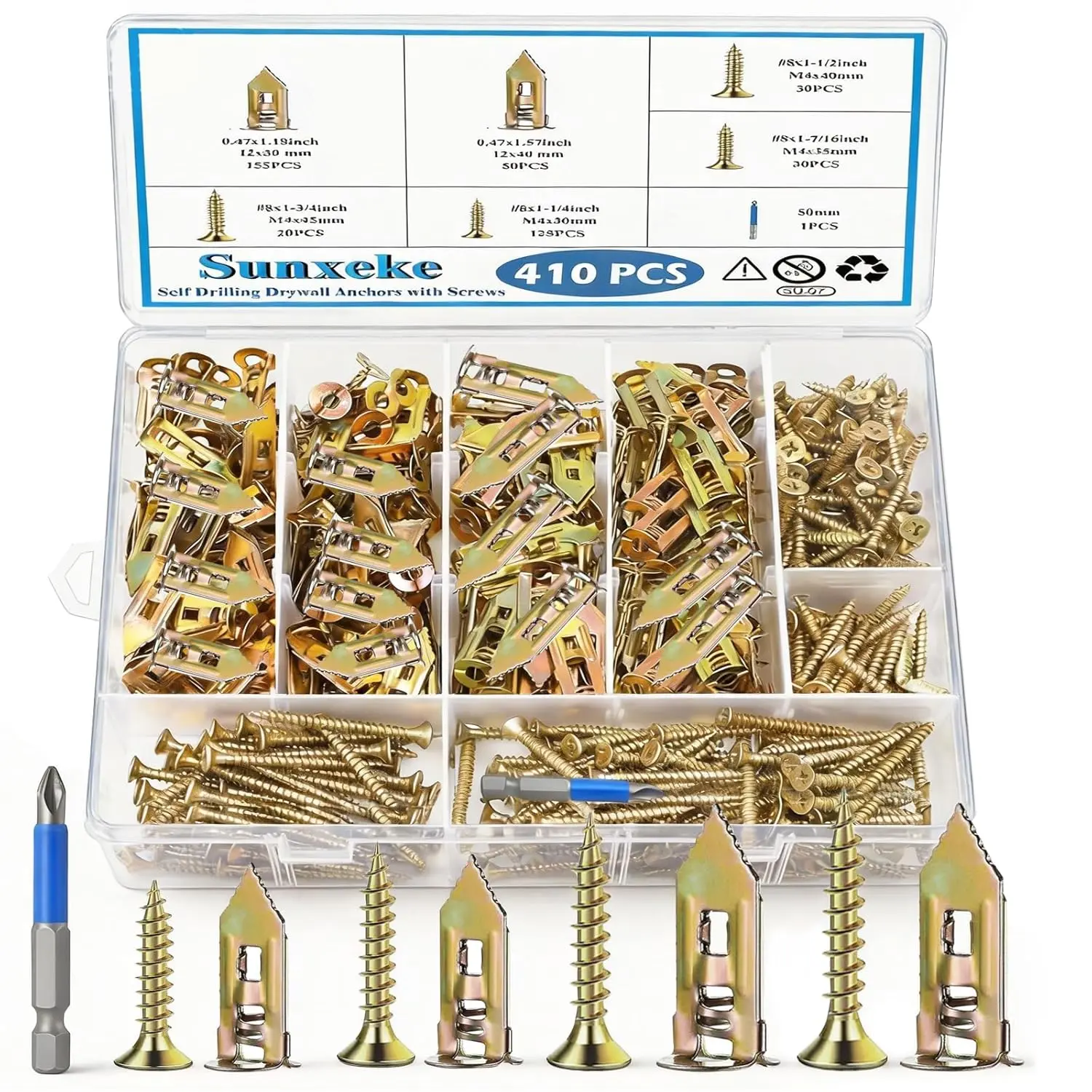 410 PCS Self Drilling Drywall Anchors with Screws Kit - 2 Sizes Sheetrock Anchors, 4 Sizes Zinc Expansion Screws, 2025 Upgraded Zinc Plated Steel, No Drill Mount, Holds Up to 66LB on Walls, Wall Mounting Screws