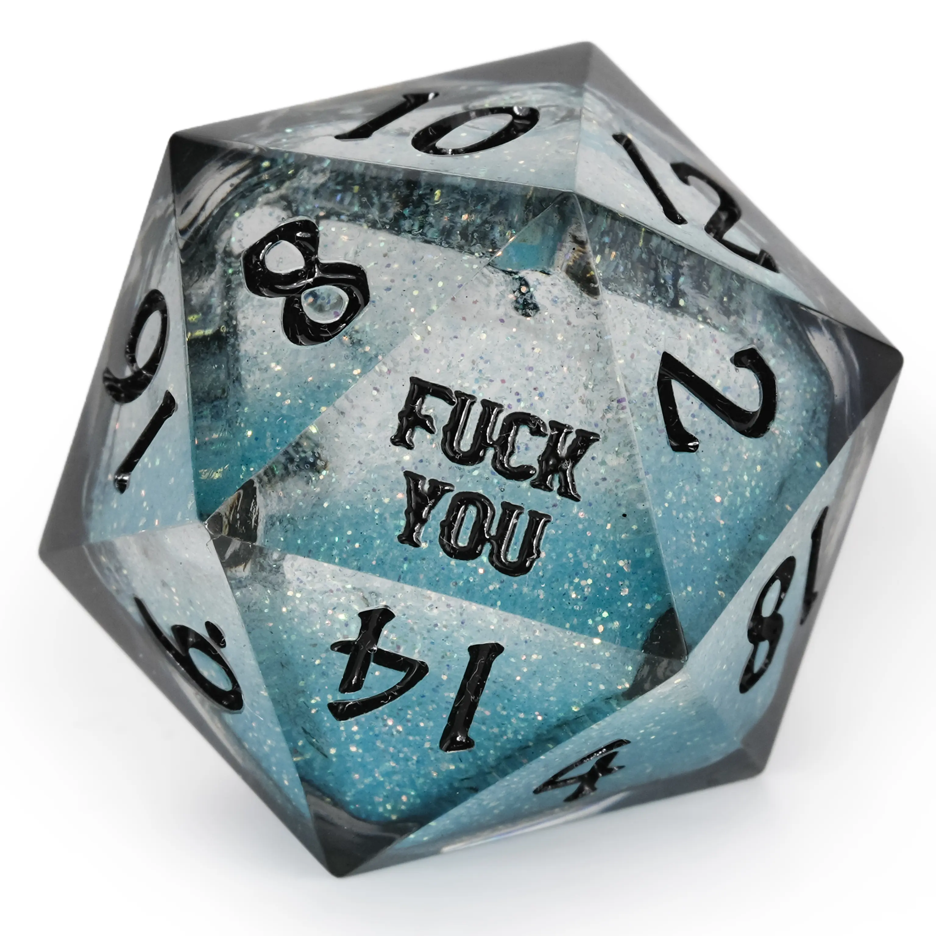Liquid Core Resin Dice Set - Kickstarter-Inspired Translucent Blue D&D Dice with Ice Blue Glitter, Engraved for RPG Gaming; Each Set Includes 1 Phrase: Either "FCK YOU" or "FCK ME"