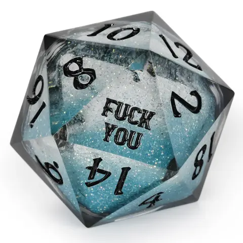 Liquid Core Resin Dice Set - Kickstarter-Inspired Translucent Blue D&D Dice with Ice Blue Glitter, Engraved for RPG Gaming; Each Set Includes 1 Phrase: Either "FCK YOU" or "FCK ME",7Pcs Dice for Dungeons & Dragons, Pathfinder