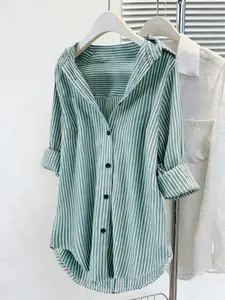 Fashion Curve Plus Size Striped Oversized Shirt Blouses, Casual Loose-Fit Button-Down Tunic Top, Trendy Summer Beach Cover-Up, Daily Street Style Outfit, Y2K Aesthetic Clothes, Matching Sandals & Hats, Womenswear