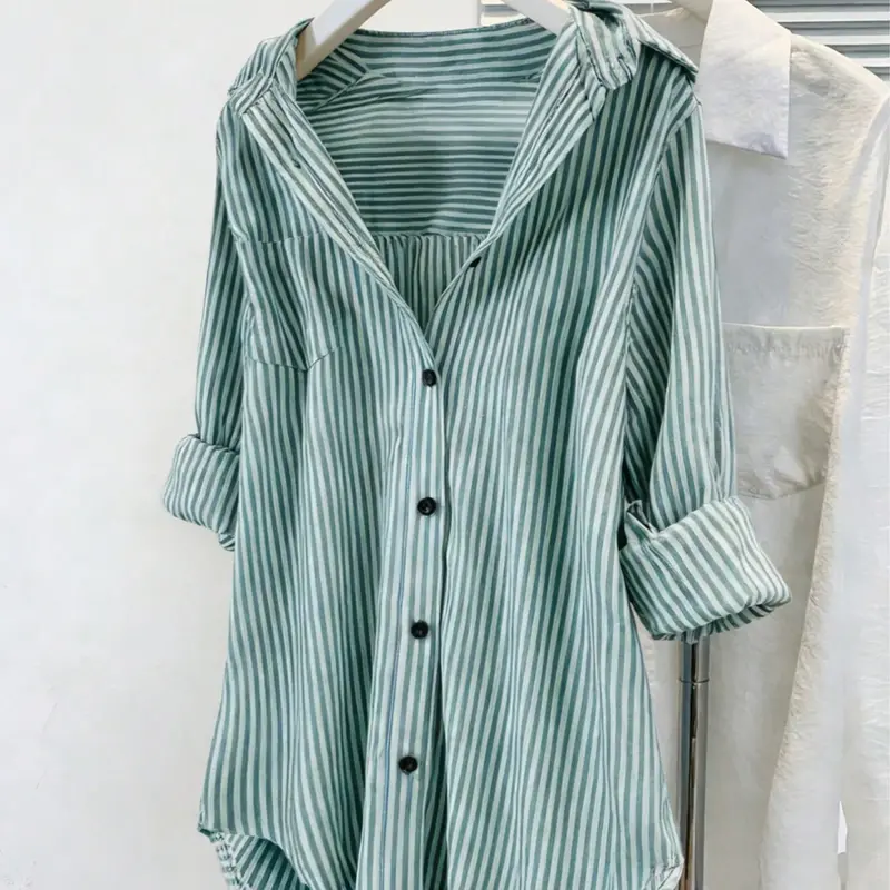 Fashion Curve Plus Size Striped Oversized Long Sleeves Shirt Blouses, Casual Comfy Shirt, Loose-Fit Button-Down Tunic Top, Trendy Summer Beach Cover-Up, Daily Street Style Outfit, Y2K Aesthetic Clothes, Button Down Tops, Womenswear