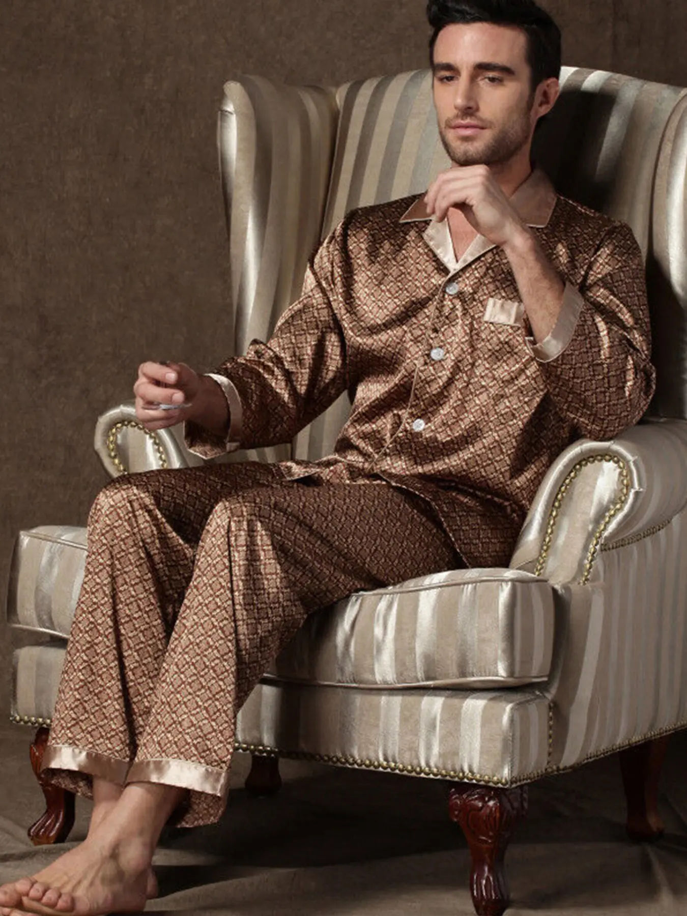 Men's Printed Colorblock Silk Sleepwear Loungewear Pajama Set Pjs, Comfortable Classic Casual Lapel Front Button Long Sleeve Shirt and Elastic Waist Pants, Spring & Fall Fashion, Pyjamas Set