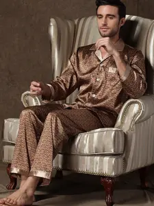 Men's Printed Colorblock Silk Sleepwear Set, Comfortable Casual Lapel Front Button Shirt and Elastic Waist Pants, Spring & Fall Fashion