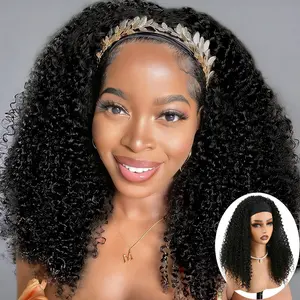 AuvzyHair 14inch HeadBand Wig Kinky Curly Wig For Women, Deep Wave Headband Wig Glueless Half Wigs Synthetic Hair Curly Headband Wig Easy To Wear