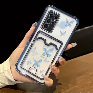 S21Ultra Silver and Blue Dreamy Butterfly Transparent Plating Card Holder Slot Phone Case with Durable Protector Compatible with For Compatible With Samsung Galaxy S21 Ultra S21Ultra Back Cover