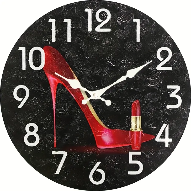 JFHT 12inch Silent Wall Clock - Red high-heeled shoe design, shiny round modern clock, suitable for living room and bedroom decoration, requires AA batteries (not included), perfect gift for Christmas, Halloween, and birthdays, stylish time-teller