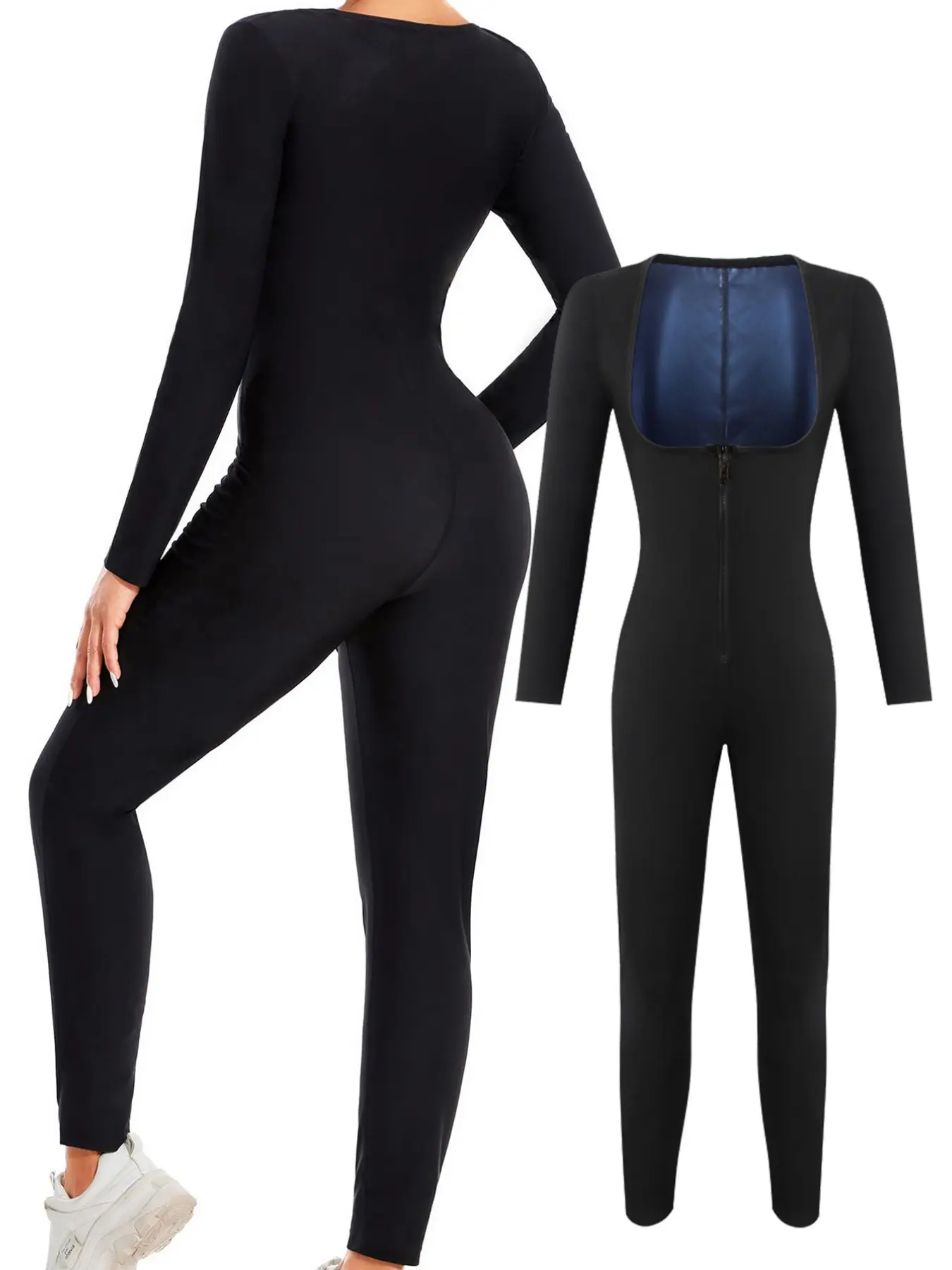 Women's autumn/winter sauna workout top, long-sleeved shapewear bodysuit, yoga leggings, Sports Jumpsuit, Yoga Activewear Jumpsuit, Shaping Jumpsuit, hooded warm fitness wear with zipper, sauna clothing suitable for running and fitness