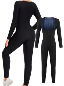 Women's autumn/winter sauna workout top, long-sleeved shapewear bodysuit, yoga leggings, hooded warm fitness wear with zipper, sauna clothing suitable for running and fitness.