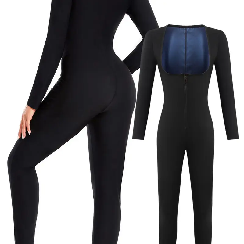 Women's autumn/winter sauna workout top, long-sleeved shapewear bodysuit, yoga leggings, Sportswear Jumpsuits, hooded fitness wear with zipper, sauna clothing suitable for running and fitness
