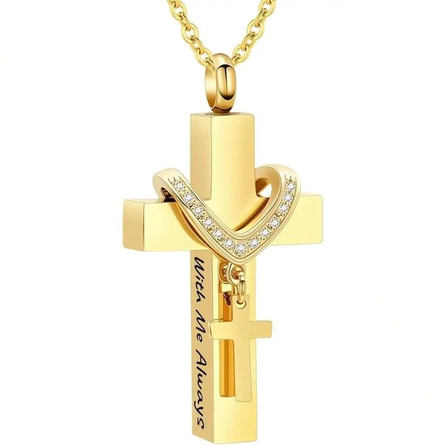 Men's Double Cross Urn Necklace for Ashes, Gold-Tone Punk Stainless Steel Memorial Jewelry with 21.6-inch Chain, Customizable 0.9x1.78in Engraved Pendant, Stainless Steel Jewelry, 0.9*1.78In, Urns, 21.6 Inches, Casual, Punk Casual, Daily, Engraved With "W