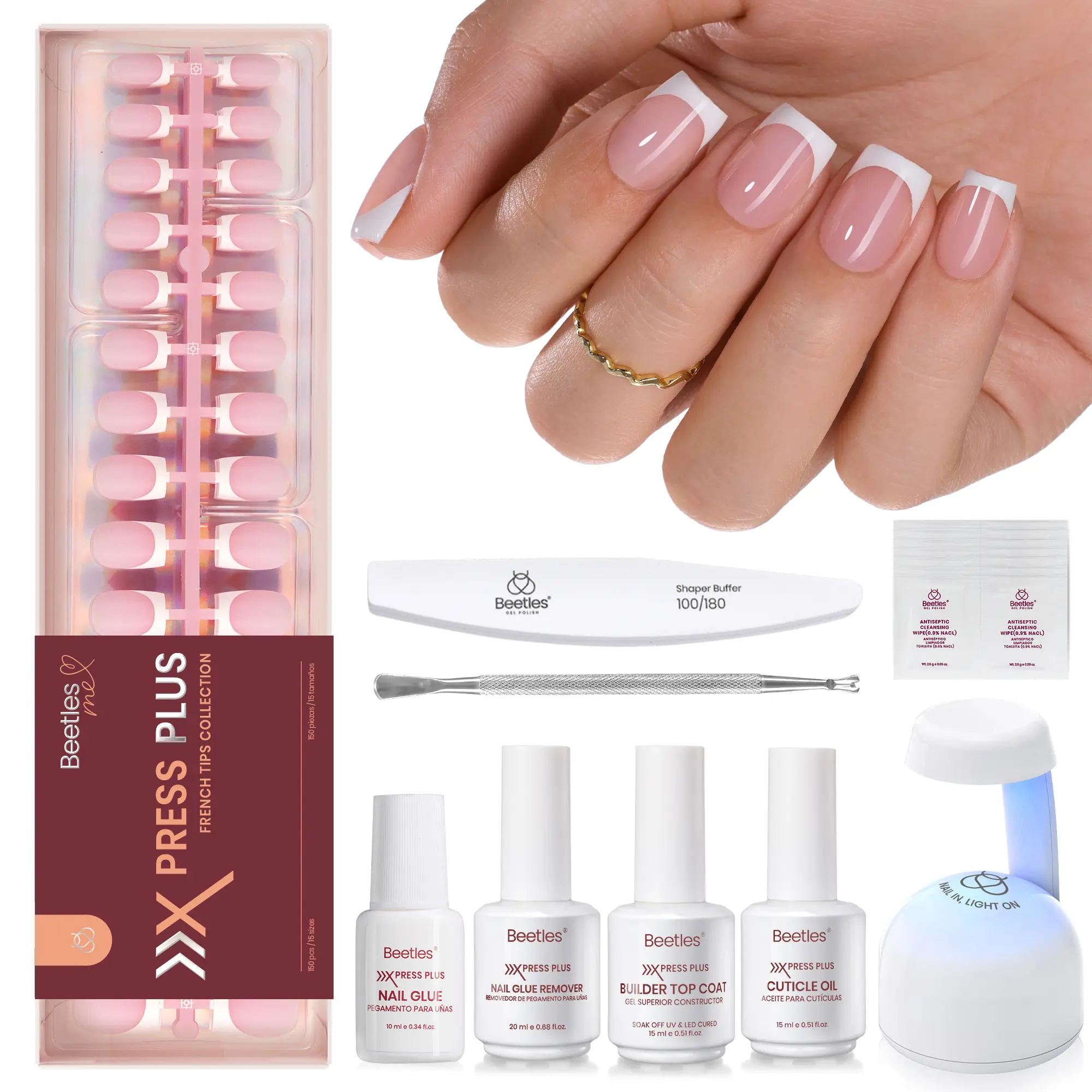 Beetles X Press Plus-Lite Kit French Tips Square Almond French Tip Press on Nails with Nail Glue Builder Top Coat Squoval Press on Nails DIY Manicure Gift for Women #Summervibes outdoorfun, Pink French Tips, 150 Pcs Short Square All In One Uv Press On Kit