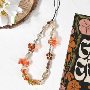 1 pcs Cute Artisan Boho Handmade Beaded Phone Charm - Retro Butterfly Flower Acrylic Lanyard for Phone Case Cute Girl Women Teen  Gift Fashion Phone Accessory for Bag Airpods Camera Pendants Decor