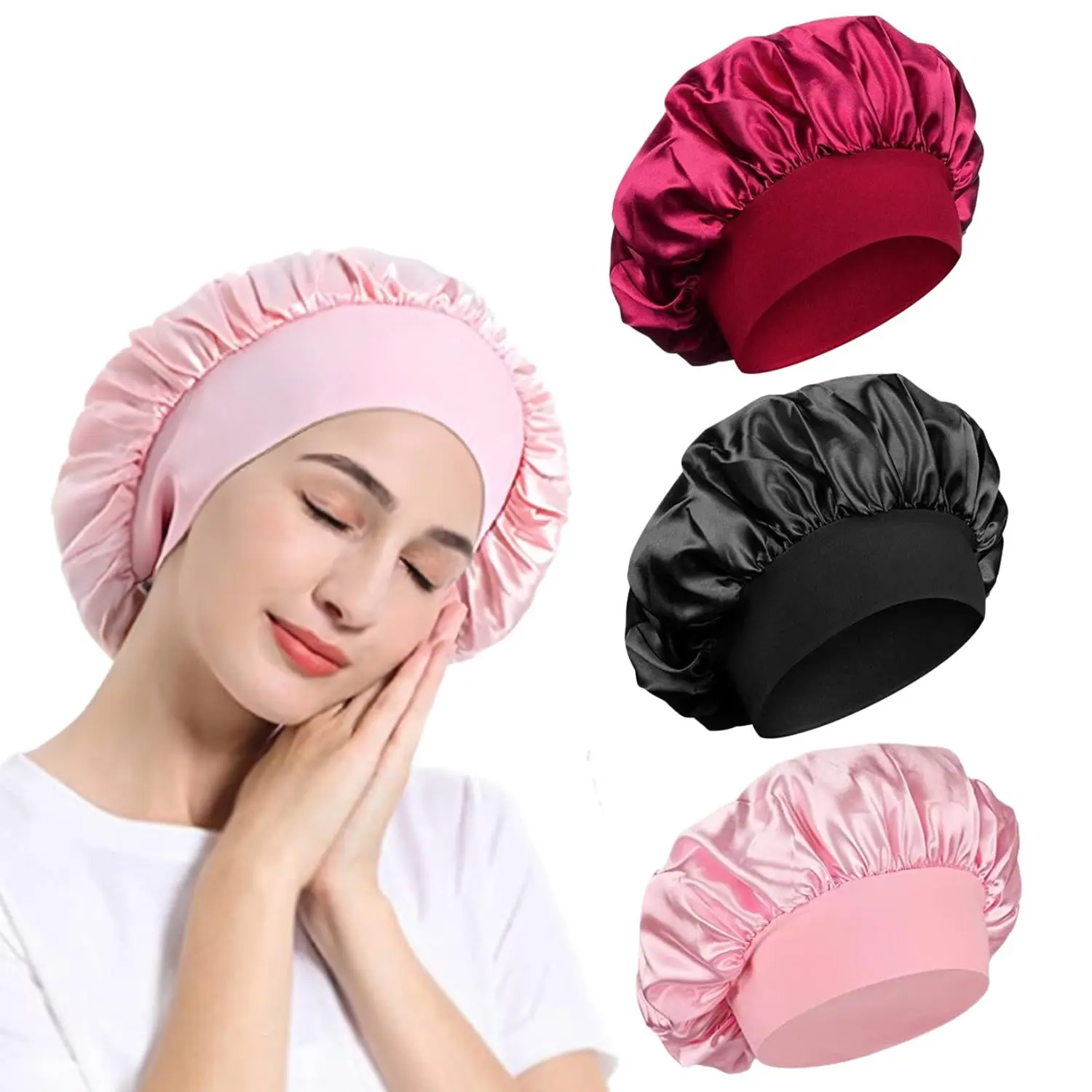 [Ship from USA] Satin Bonnet, Night Sleep Caps with Wide Elastic Band, Silk Wrap, Soft Head Cover Sleeping Hat for Women and Girls Curly Hair (Pink,Black,Red)