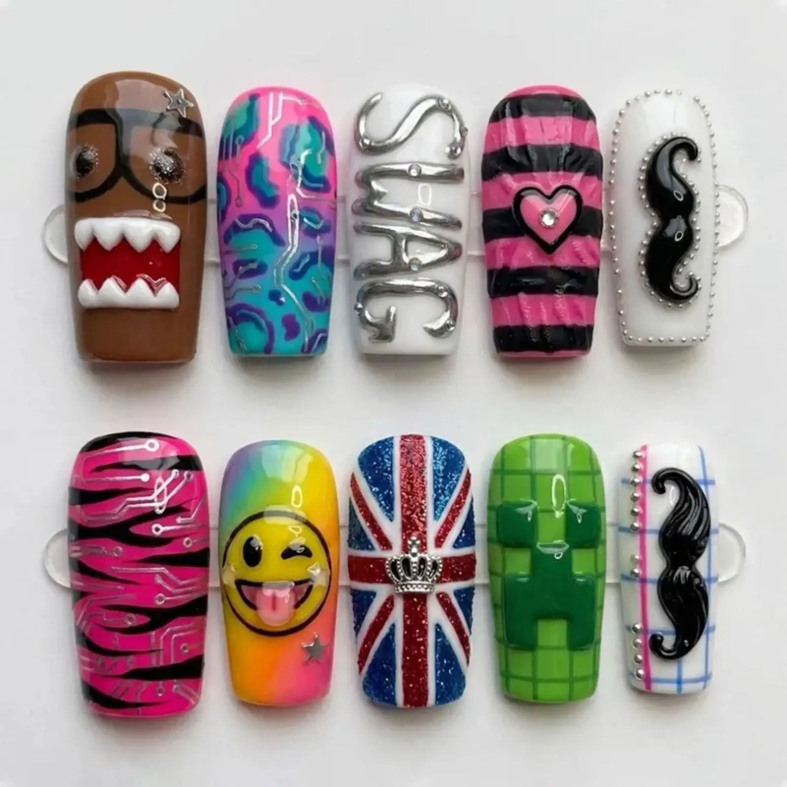 Y2K Cartoon Press On Nails | Harajuku Pop Art Nail Set | Funky Colorful Maximalist Handmade Fake Nails