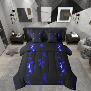 Neon Light Black Blue Boys Men 7 Piece Bedding Set,Ombre Lightning Pattern Comforter Bed Set with Sheets,Abstract Aesthetic Bed Bag,Modern Art Bed Set
